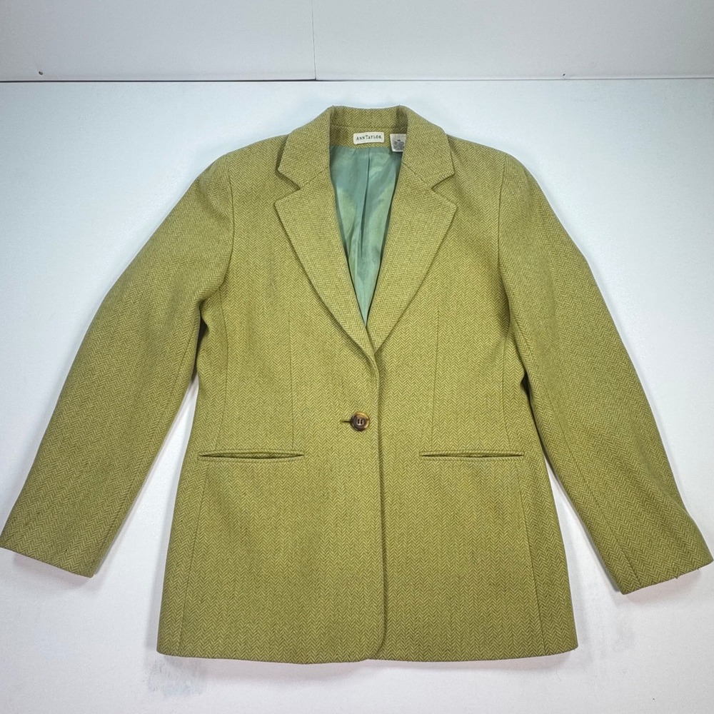 Ann Taylor Vintage Wool Blend Herringbone Blazer Green Single Button Size 10